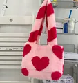 Sac fourre-tout en peluche rose et rouge à motif de cœur en fausse fourrure douce - Rose (Cœur Rouge)