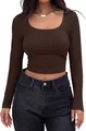 Slim fit dark brown ribbed crop top with long sleeves and wide square neckline - XS / Coffee