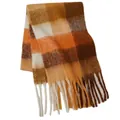 Thick plaid mohair scarf in vintage brown and orange checks with fringed tassels - Vintage Multicolor Plaid Design (43#) / 39x240cm