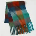 Thick colorful plaid mohair scarf with fringe in orange, blue and green shades - Peacock Blue Contrast Plaid (45#) / 39x240cm
