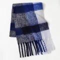 Thick plaid mohair scarf in blue and grey checkers with long fringe tassels - Dark Blue Grey White Plaid (46#) / 39x240cm