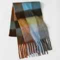 Thick checkered scarf in blue brown and yellow with long fringe tassels - Sky Blue Brown Yellow Scarf (12#) / 39x240cm