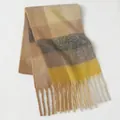 Plaid tassel scarf with cream, yellow, brown, and grey color blocks in mohair style - Beige Ginger Plaid Design (9#) / 39x240cm