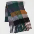 Thick checkered mohair scarf with tassels in dark green, yellow, and grey tones - Multicolor Vintage Heavy Plaid (23#) / 39x240cm