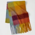 Thick colorful plaid scarf with fringes in yellow orange and blue mohair style - Colorful Variable Large Plaid (15#) / 39x240cm