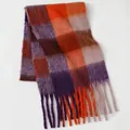 Plaid shawl scarf with purple and orange checkered pattern and long fringe details - Purple Orange Contrast Shawl (24#) / 39x240cm