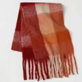 Thick plaid mohair scarf in deep red, orange, and beige with fringe tassels - Wine Red Beige Warm Plaid (26#) / 39x240cm