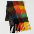 Thick mohair-textured scarf with vibrant orange and green oversized plaid and tassels - Orange Yellow Green Blue Black Plaid (31#) / 39x240cm