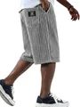 Detailed view of gray corduroy texture and classic woven label on men's casual shorts - S / Bottoms / Gray