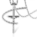 Detailed close-up of silver crucifix cross pendant with Jesus figure and rope chain necklace - Rope Chain (60cm) / Silver