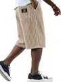 Close-up of beige corduroy texture and classic black woven label on men's casual shorts - S / Bottoms / Khaki