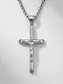 Detailed view of silver cross pendant with Jesus relief and dimension annotations - Box Chain (50cm) / Silver