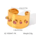 Detailed view of wide gold textured ring with pink zircons showing width and diameter - Hammered Pink Zircon Wide Style (XZ-R30447-PK)