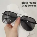 Fashion double bridge aviator sunglasses with black frame and gray lenses in a white pouch - Black Frame Grey Lens