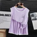 Conjunto de verano de modal morado claro para niños con chaleco sin mangas estampado oso - Talla 80 / Lavanda