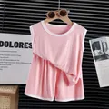Conjunto de pijama rosa de modal para niños con estampado de oso y chaleco corto - Talla 80 / Rosa