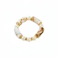 Elastic beaded bracelet with cream pearls, marble resin tubes, and golden alloy spacers - Pearl White Brown Beaded Bracelet