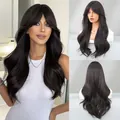 Long wavy dark brown synthetic wig with center-parted bangs in three-angle view - 67cm / Black