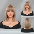 Short brown bob wig with blonde highlights and flat bangs shown from three angles - Tea Brown with Beige Highlights