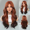 Long wavy wig with flame orange and black gradient and stylish curtain bangs - Long Curly Hair / Orange Black Ombre
