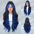 Long wavy wig with black and bright blue ombré hair color and center part style - Long Curly Hair / Midnight Blue Highlight