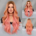 Long wavy ombre wig featuring dark roots to pastel pink gradient with middle part - 67cm / Ombre Pink Brown (MW9158-1)