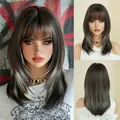18-inch layered straight dark brown wig with silver blonde highlights and flat bangs - Mocha Brown Bangs Dye