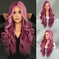 Long wavy middle part wig in mixed pink and purple gradient for a stylish look - Starry Purple Highlight