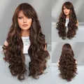 Long wavy wig in reddish brown with blonde highlights featuring side bangs three views - Reddish Brown with Blonde Highlights