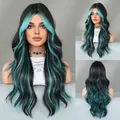 Long wavy synthetic wig in black with vivid teal blue highlights and curtain bangs - Long Curly Hair / Blue Highlight