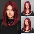 Shoulder-length burgundy T-part lace front wig with straight synthetic hair and side part - 40cm (16 Inch) / Grape Purple Red