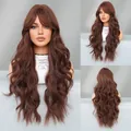Long wavy mahogany brown synthetic wig with French bangs shown in multiple views - Cocoa Brown