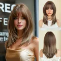 18 inch layered ombre blonde wig with bangs and shoulder length synthetic hair - Milk Tea Brown with Cream Highlights