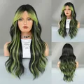 Long wavy wig with black and lime green highlights featuring stylish middle part bangs - Long Curly Hair / Green Highlight
