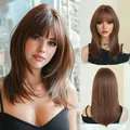 Deep brown 18 inch medium straight wig with layered cut and flat bangs for women - Vintage Orange Brown