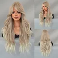Peluca larga ondulada rubia ombre con flequillo, degradado natural de alta calidad - 70 / Marrón Beige Ombre Blanco Beige