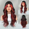 Long wavy wig with middle part bangs in black and vibrant flame orange highlight mix - Long Curly Hair / Red Highlight