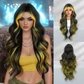 Long wavy black wig with vibrant orange yellow highlights and curtain bangs style - Long Curly Hair / Yellow Highlight