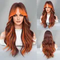 Long wavy wig in dark coffee with bright orange highlights and curtain bangs - Long Curly Hair / Flame Orange Highlight