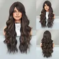 Long wavy wig in cocoa brown with highlights and airy bangs, front and back view - Black with Gold Highlights