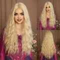 Long wavy blonde wig with center part, multi-angle view of high-quality synthetic golden hair - Long Curly Style (MW9217-1) / White Gold