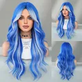 Blue wavy synthetic wig with white highlights and side bangs shown from multiple angles - Long Curly Hair / Blue Grey Highlight