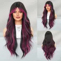 Long wavy black wig with vibrant rose pink highlights and side-swept bangs for women - Long Curly Hair / Purple Highlight