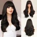 Long wavy dark brown wig with bangs shown in front and back views for women - 60CM / Dark Brown
