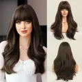 Long wavy dark brown wig with full bangs shown in front, side and back views - 60CM / Cool Brown