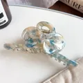 Acetate bow hair claw clip with blue and beige marble texture for women's hairstyling - 11cm / Floral Blue