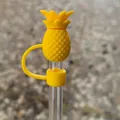 Reusable yellow pineapple silicone straw cover cap with flexible attachment ring - Orange Pineapple