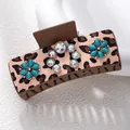 Detail of bohemian leopard print hair claw clip with turquoise and colorful rhinestones - Leopard Turquoise Flower Rhinestone Style (F731-23)