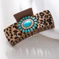 Detail of bohemian large hair claw clip featuring leopard print leather and turquoise stone - Leopard Vintage Turquoise Style (F731-12)