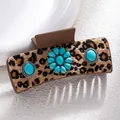 Bohemian leopard print hair claw clip featuring turquoise flower inlay and faux fur finish - Leopard Turquoise Flower Style (F731)